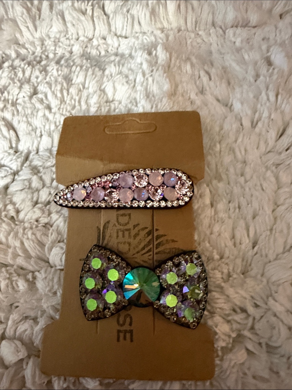 Crystal-Embellished Hair Clips in Lavender and Iridescent Green - Unbranded